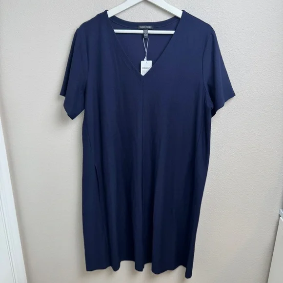 EILEEN FISHER V-Neck Dress In Midnight Navy Blue Size XL -  threedaughtersproperties.com